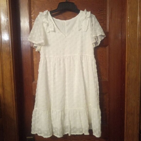 Women's Swiss Dot Fabric Babydoll V-Neck Mini Dress - Picture 1 of 2